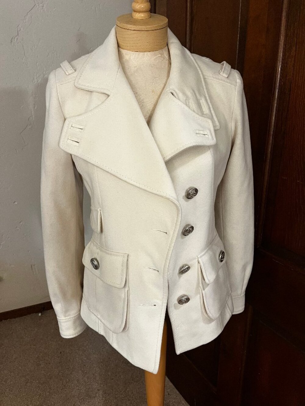 Laundry by Shelli Segal Ivory Wool Military Inspired Coat Size 2